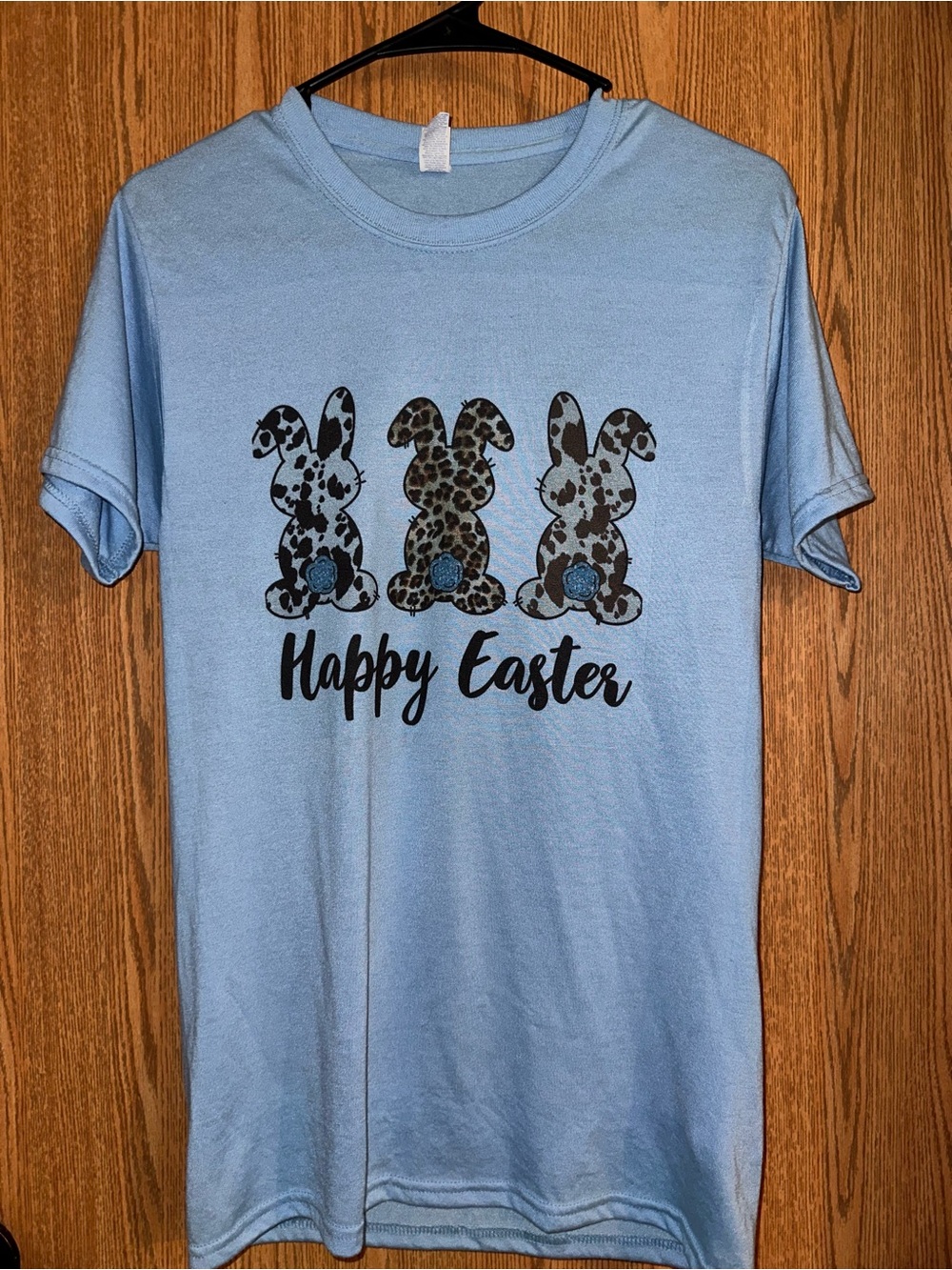 Jerzees Light Blue "Happy Easter" Tee with Leopard Bunny Design